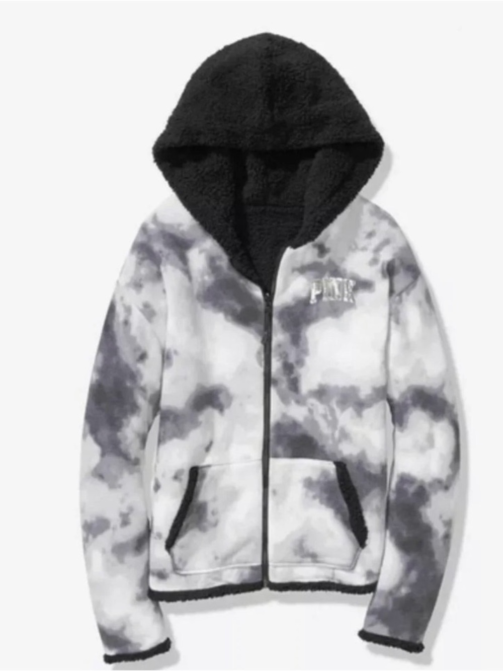 Victoria’s Secret PINK Black & White Tie-Dye Sherpa Hoodie Jacket Size Medium